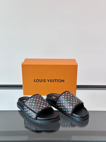 LV Men Black Canvas Multicolor Print Slides