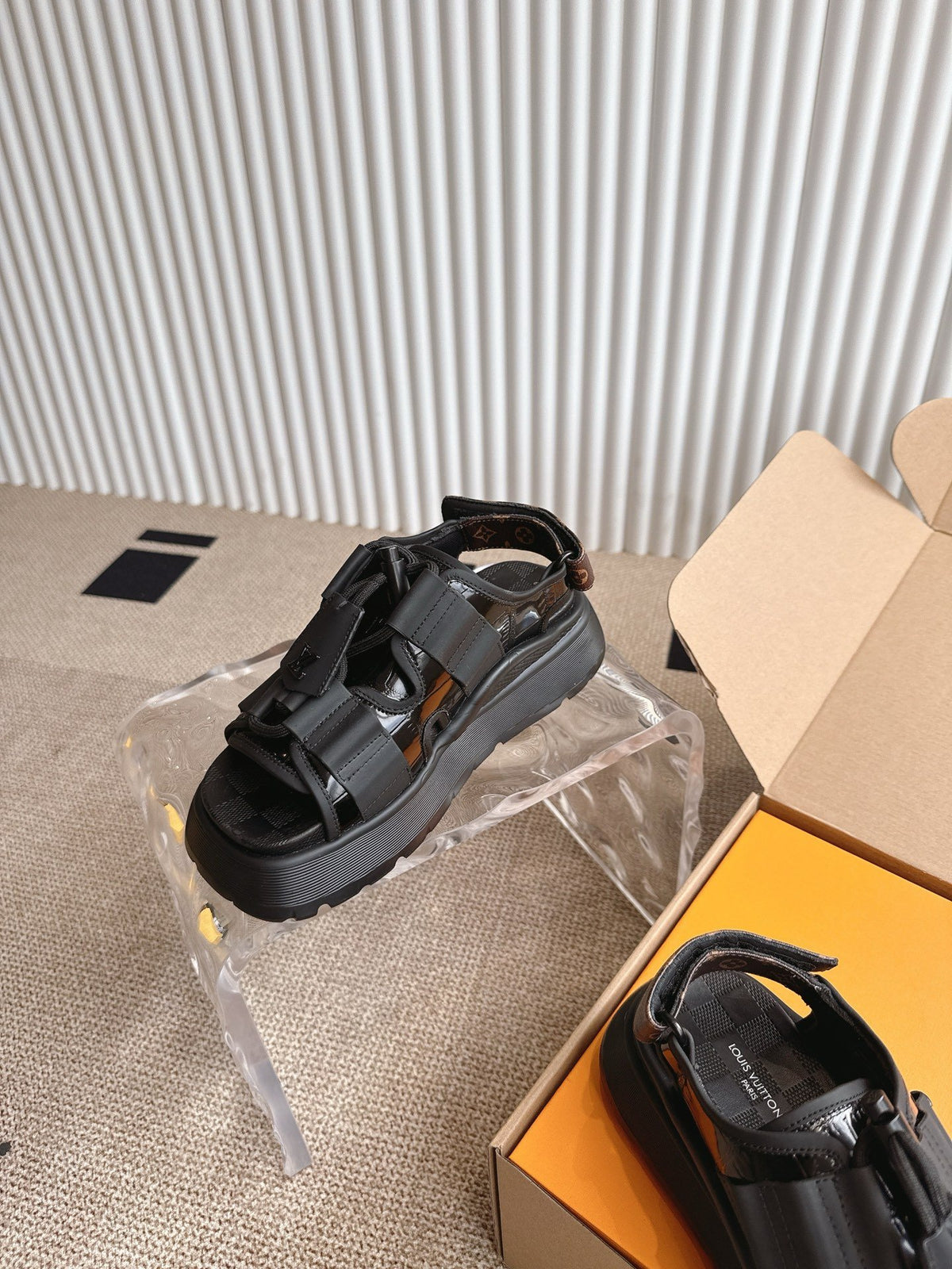 LV Women Black Leather Sporty Sandals
