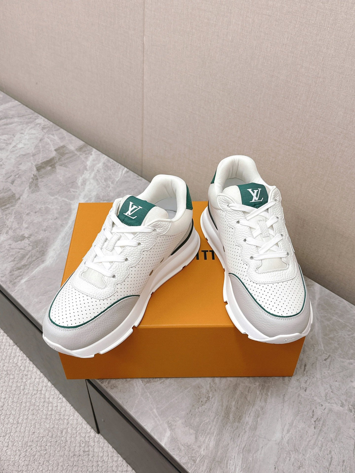 LV Women White Leather Green Accent Sneakers