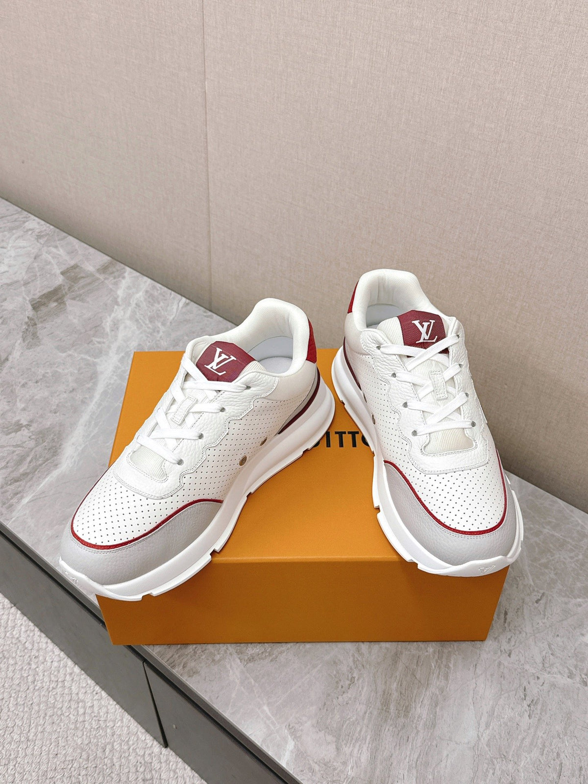 LV Women White Leather Red Accent Sneakers