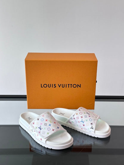 LV Men White Printed Fabric Slides