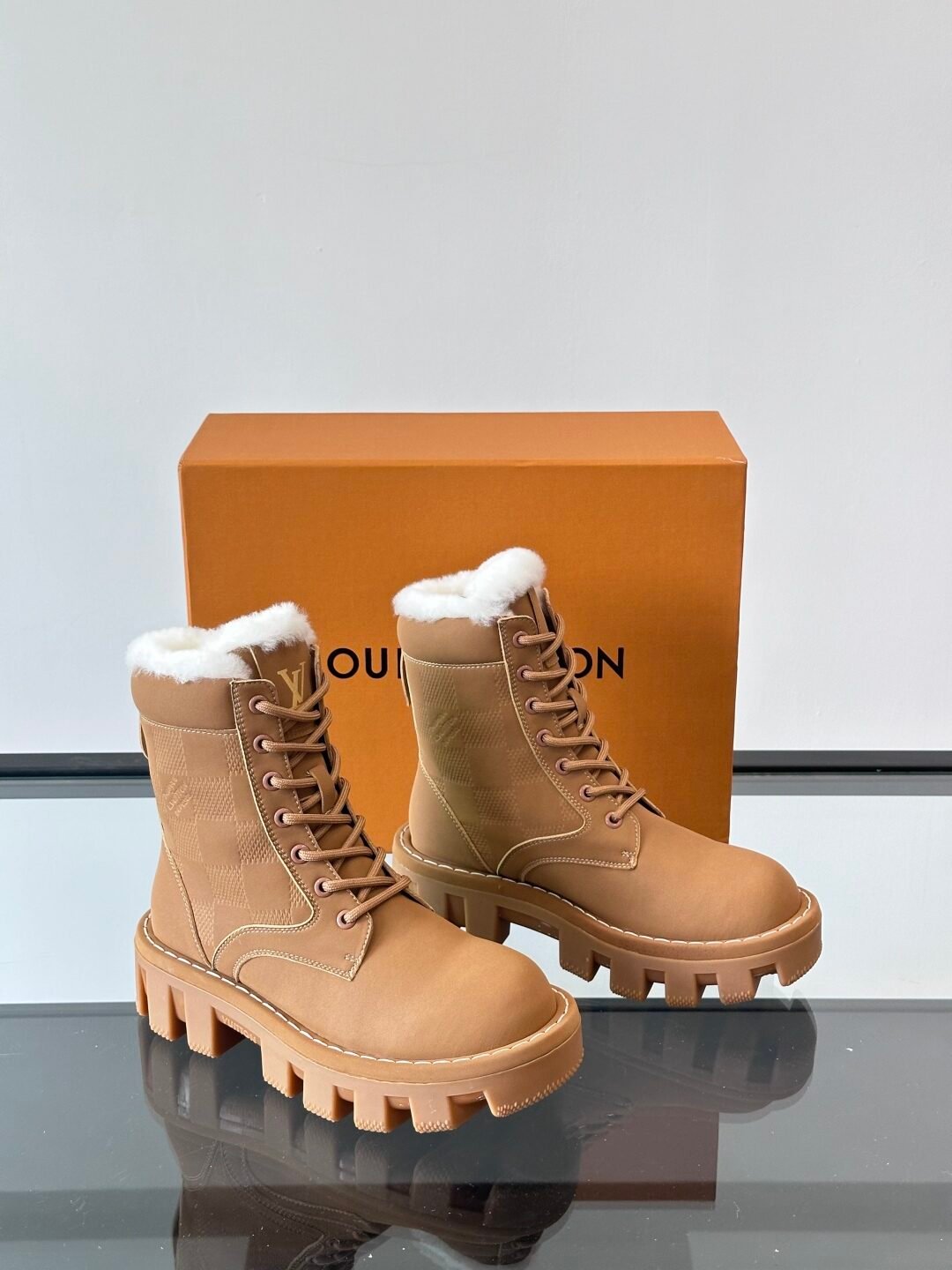 LV Men Tan Leather Fur-Lined Boots