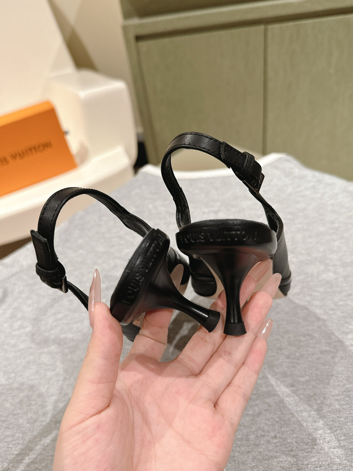 LV Women Black Leather Slingback Heels