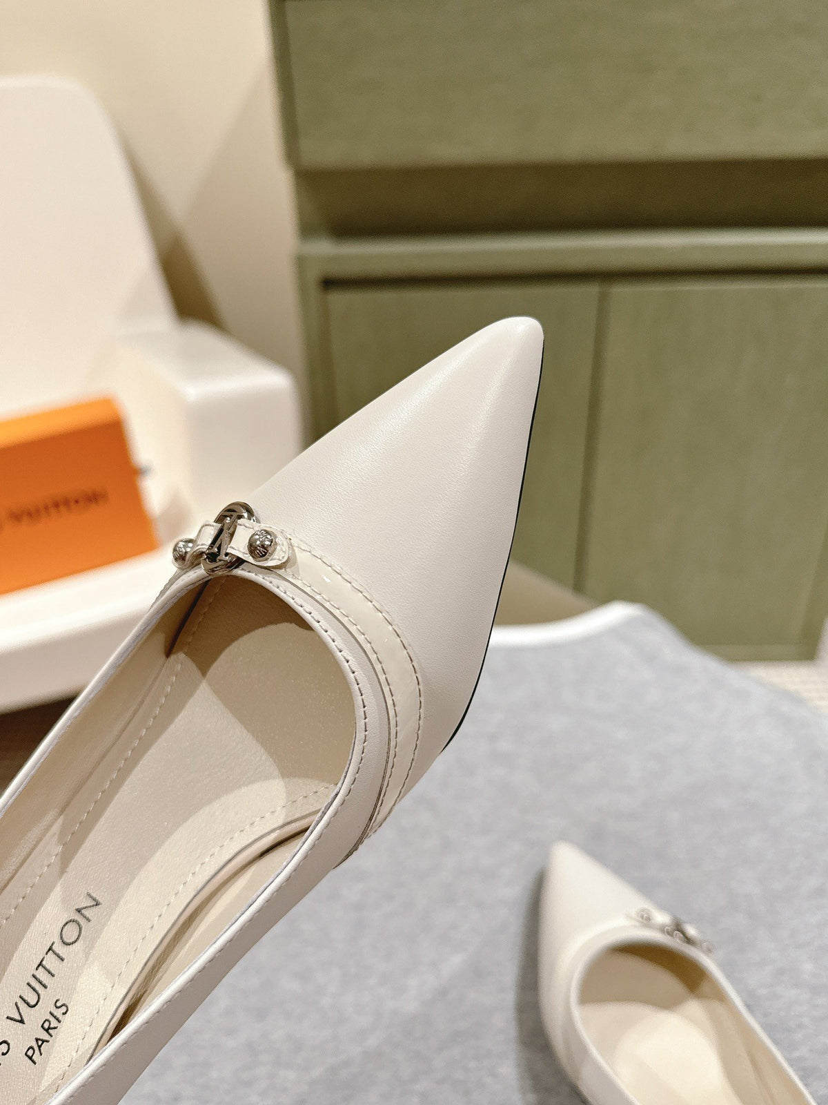LV Women White Leather Pointed Slingback Heels