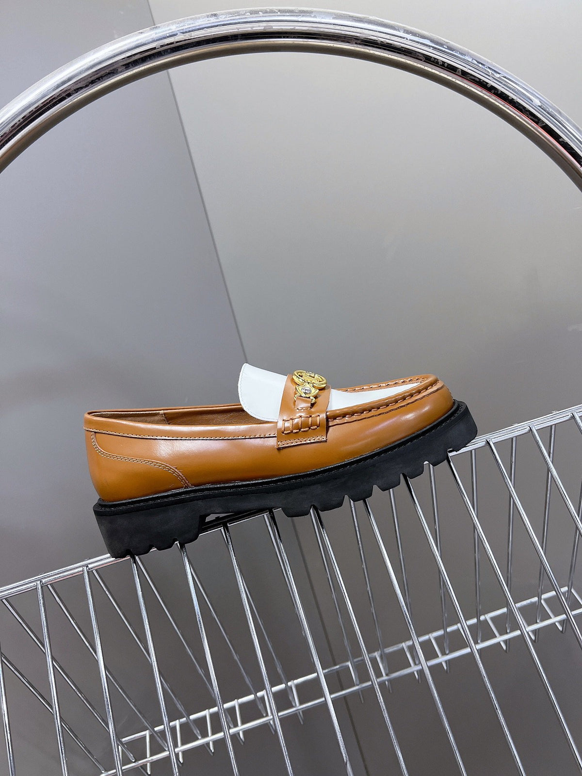 LV Women Brown White Leather Loafers