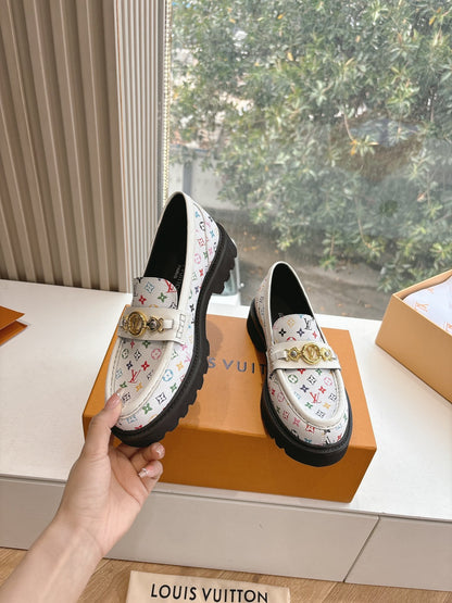 LV Women White Patterned Leather Loafers