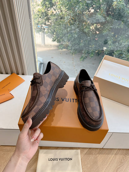 LV Women Brown Checkered Leather Loafers