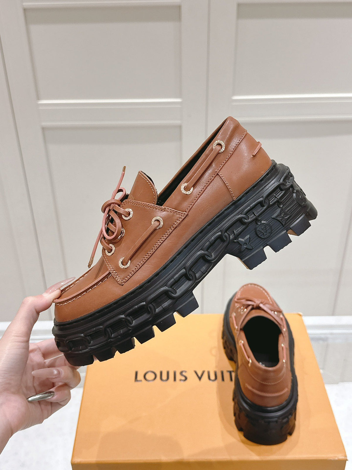 LV Women Brown Leather Chunky Sole Loafers