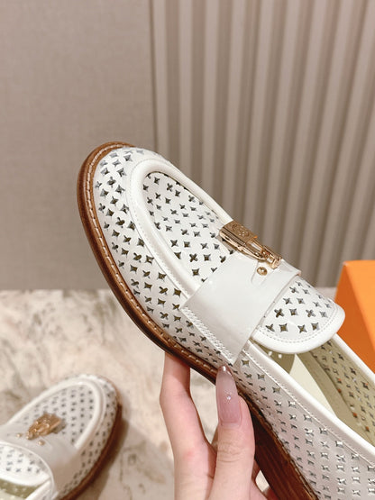 LV Women White Leather Loafers