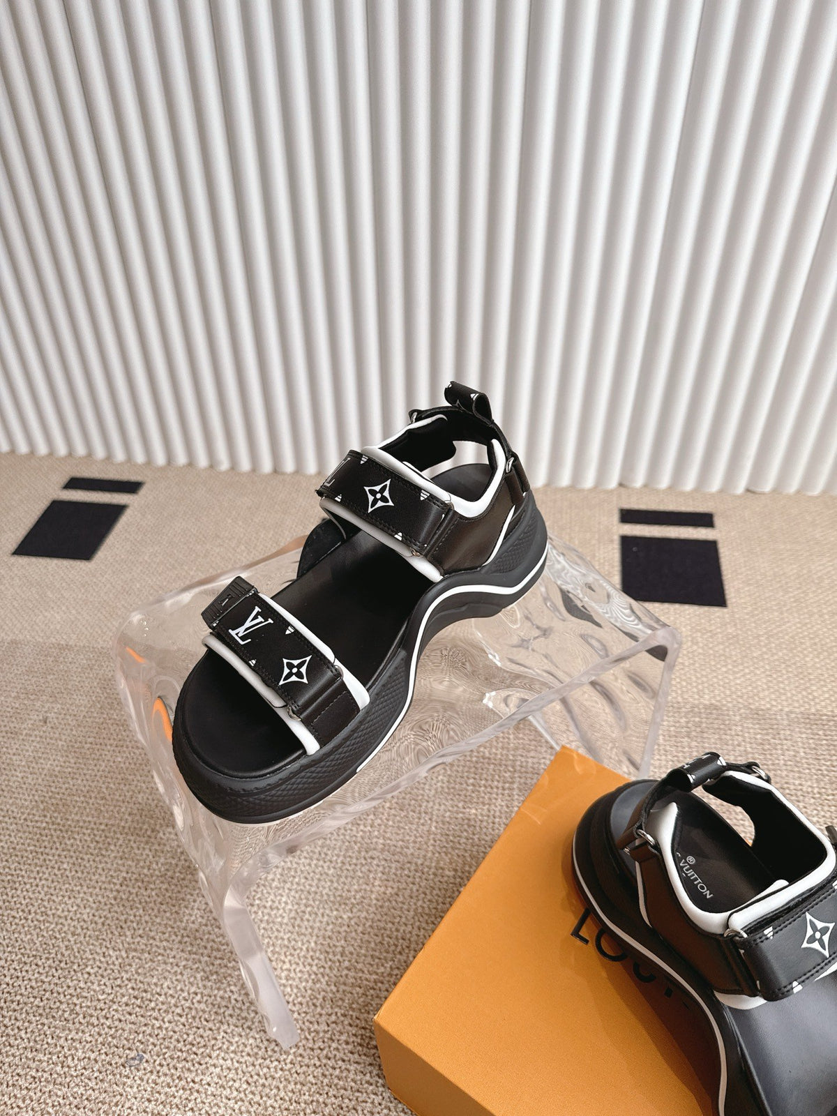 LV Women Black Synthetic Monogram Strap Sandals