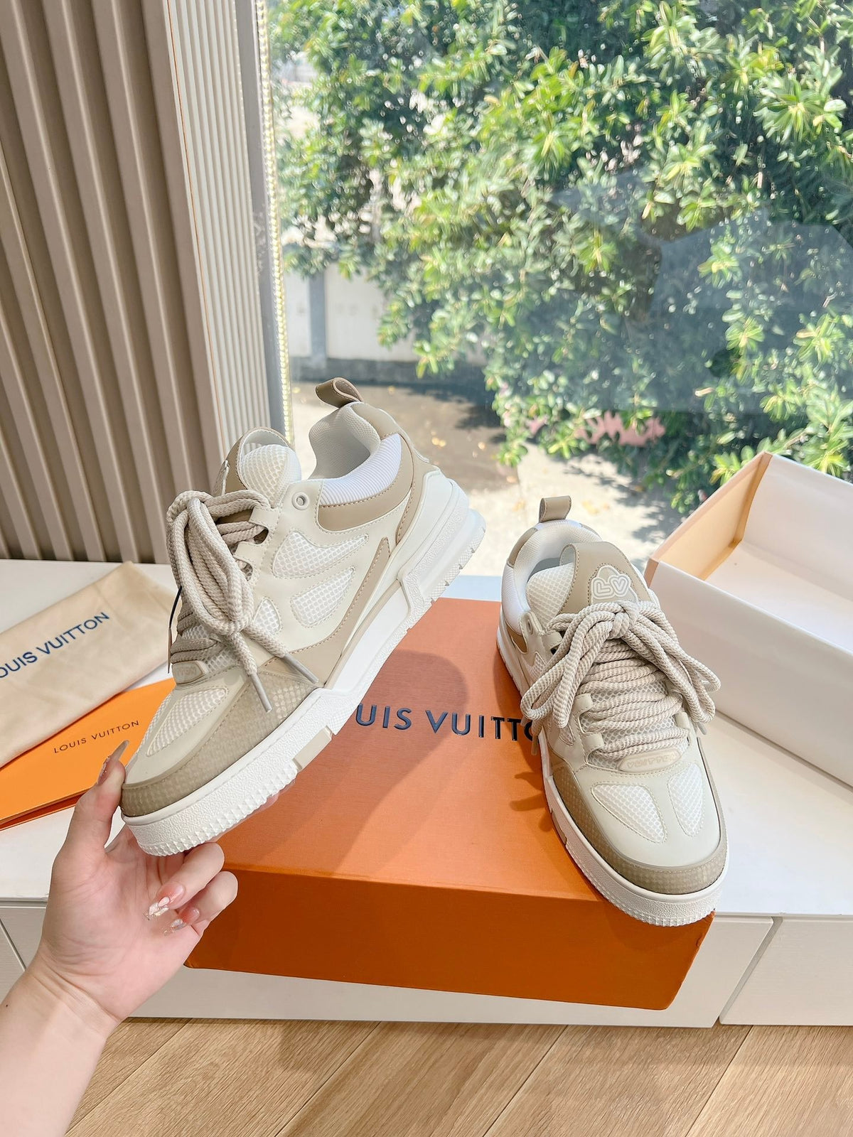 LV Women Beige Mesh Leather Sneakers