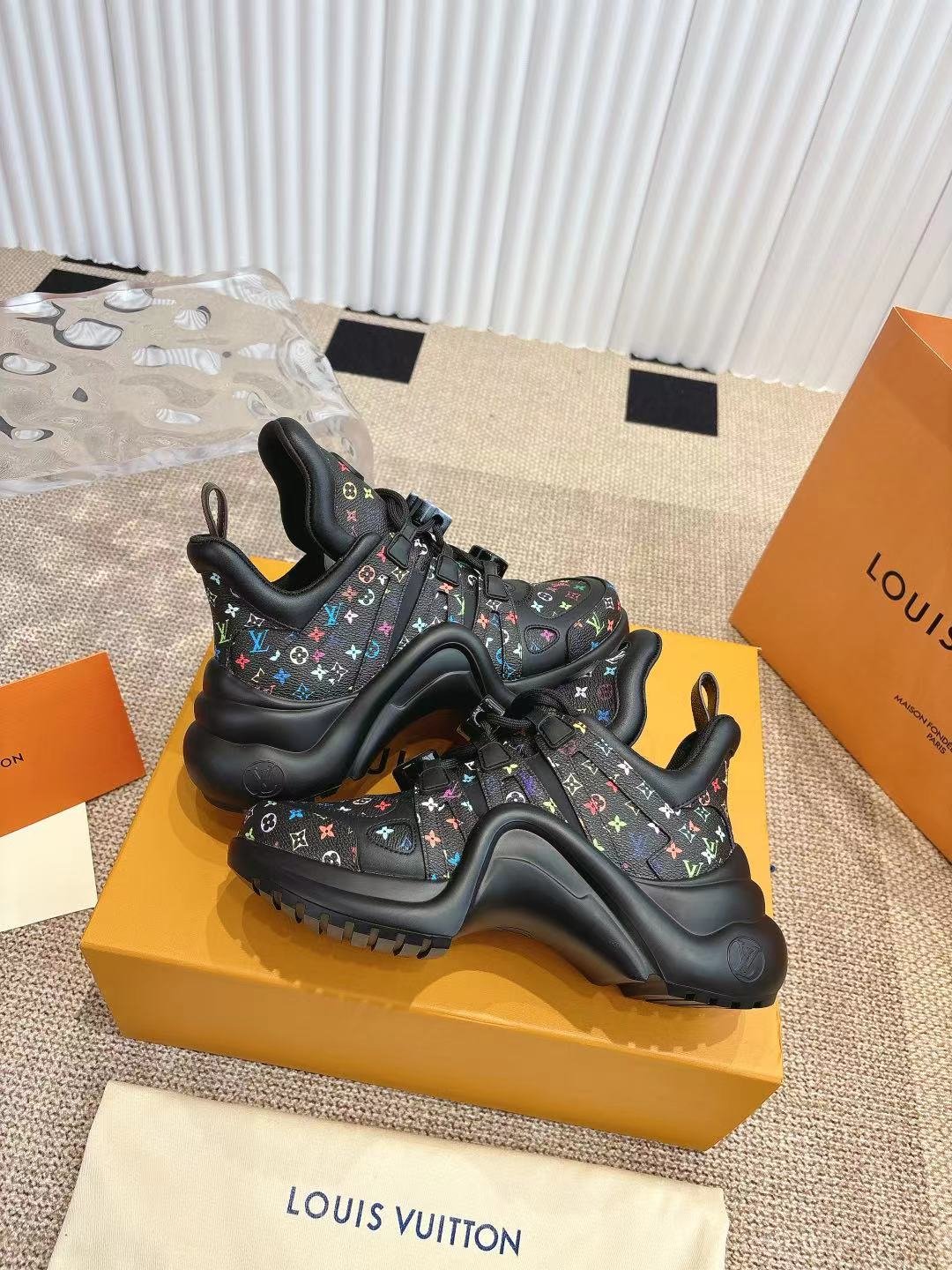 LV Women Black Leather Multicolor Logo Sneakers