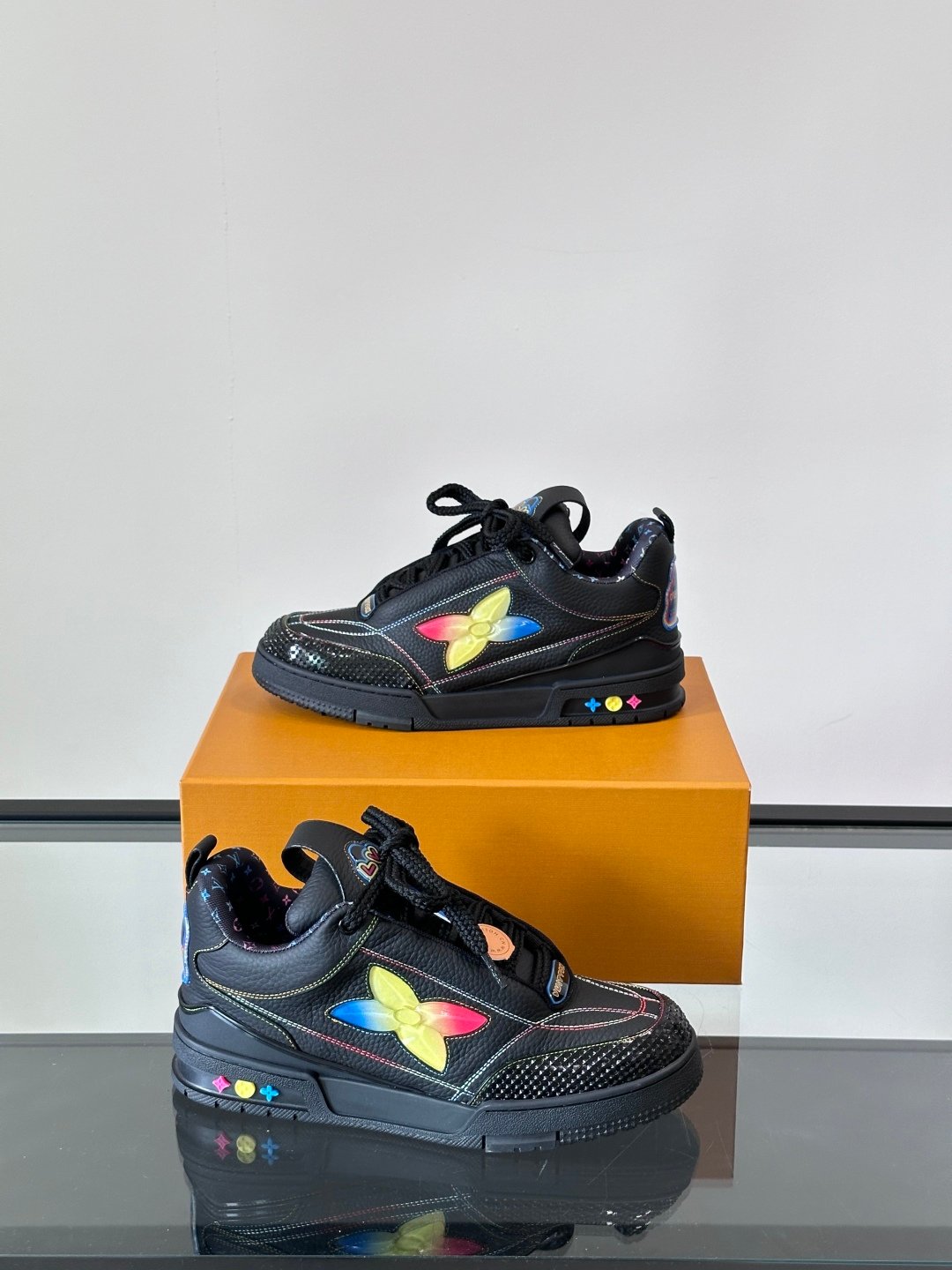 LV Men Black Leather Colorful Accent Sneakers