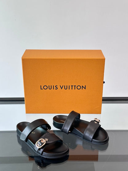 LV Men Black Leather Slides