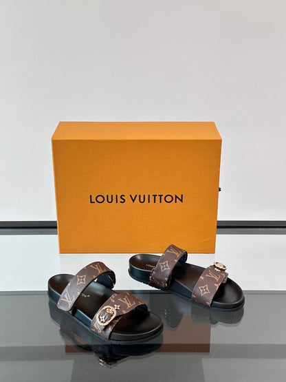 LV Men Brown Leather Logo Print Sandals