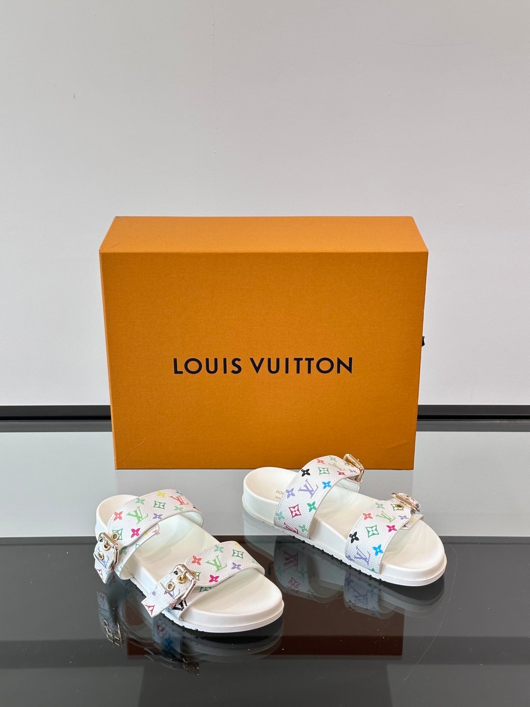 LV Men White Multicolor Pattern Leather Sandals