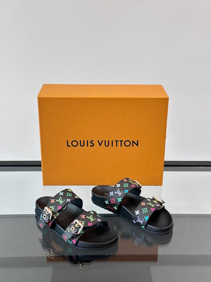 LV Men Black Leather Multicolor Monogram Slides