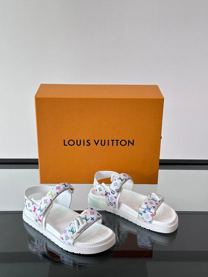 LV Men White Canvas Multicolor Logo Sandals
