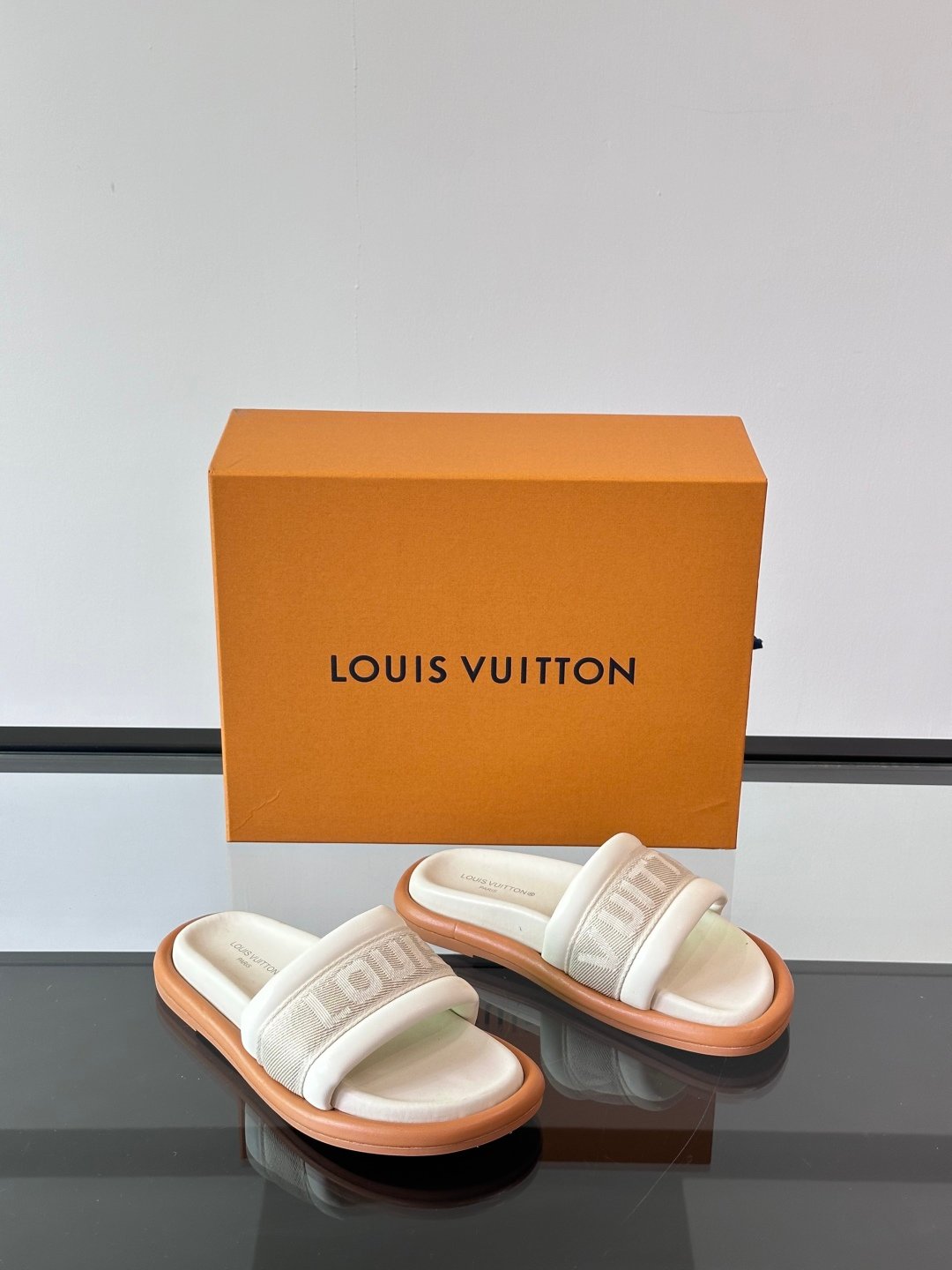 LV Men Beige Fabric Slides With Brown Sole