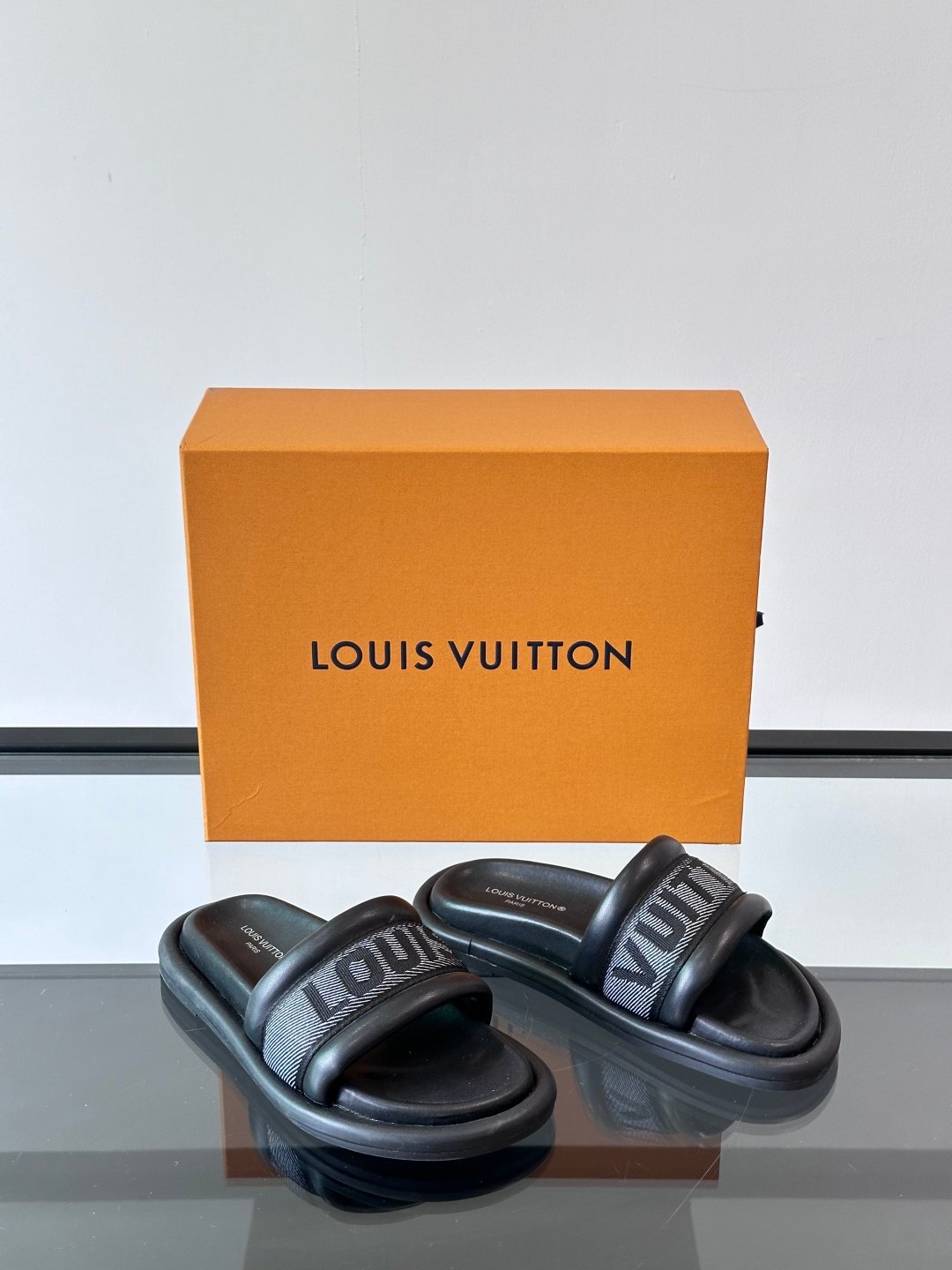 LV Men Black Fabric Strap Slide Sandals