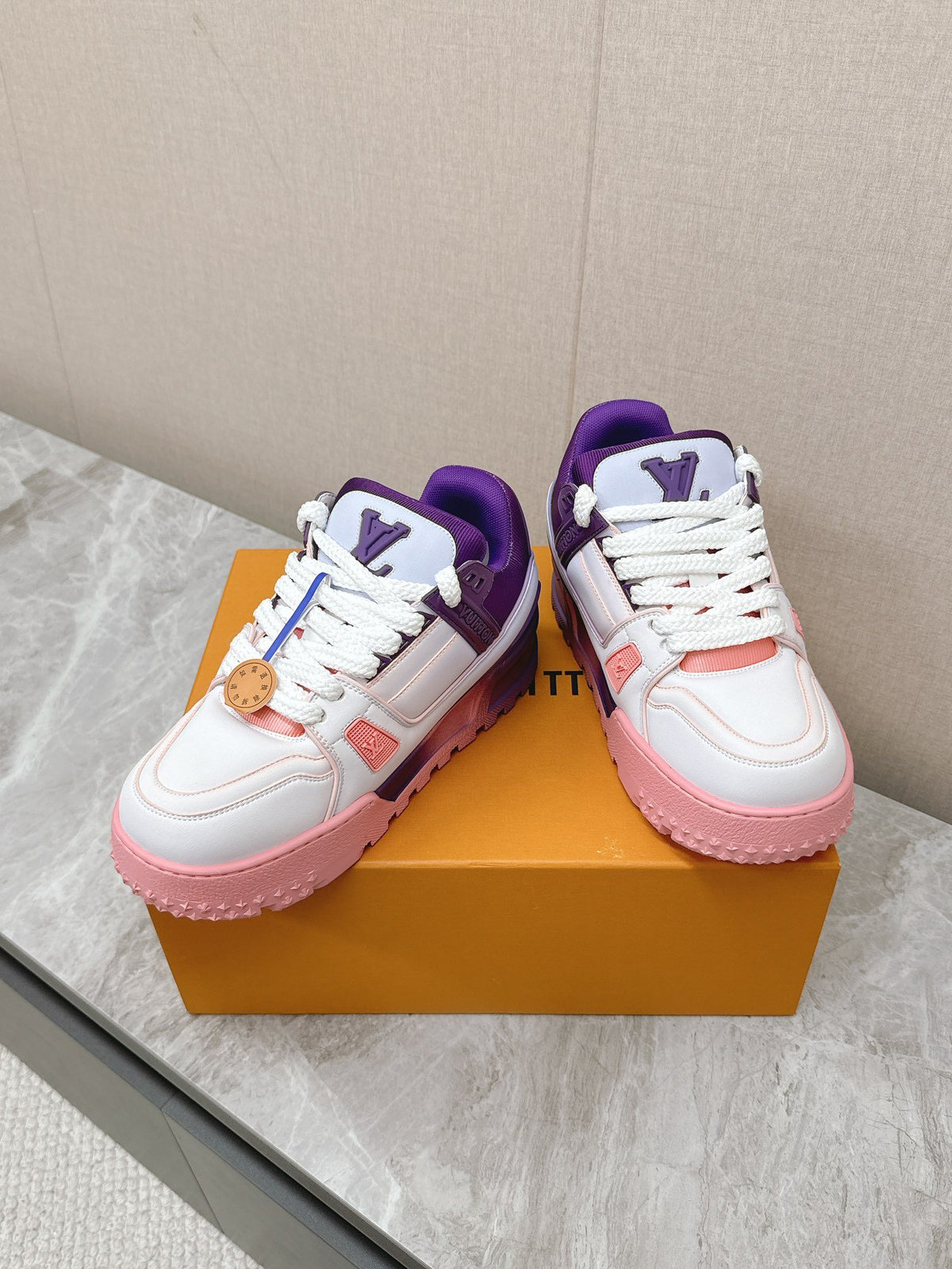 LV Women White Pink Purple Leather Sneakers