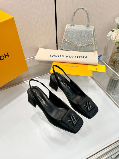 LV Women Black Leather Slingback Heels