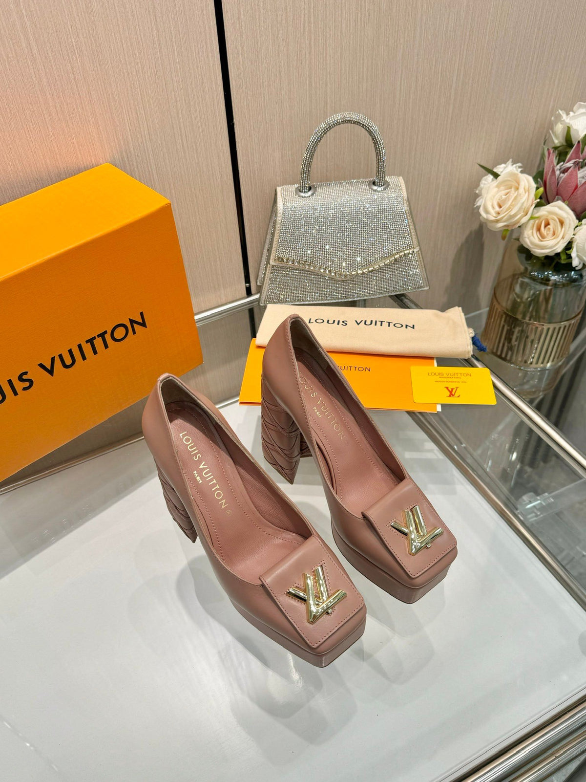 LV Women Pink Leather Quilted Block Heels