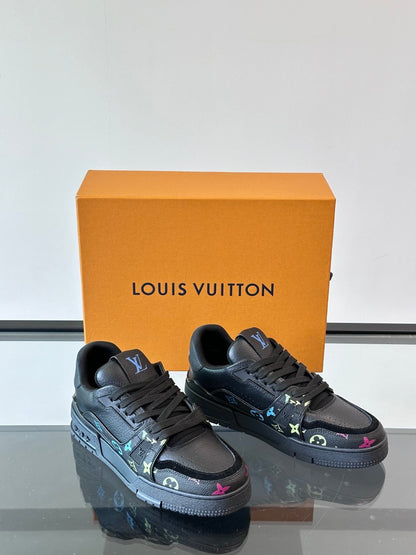 LV Men Black Leather Sneakers With Multicolor Accents