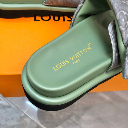 LV Women Green Fabric Strap Slippers