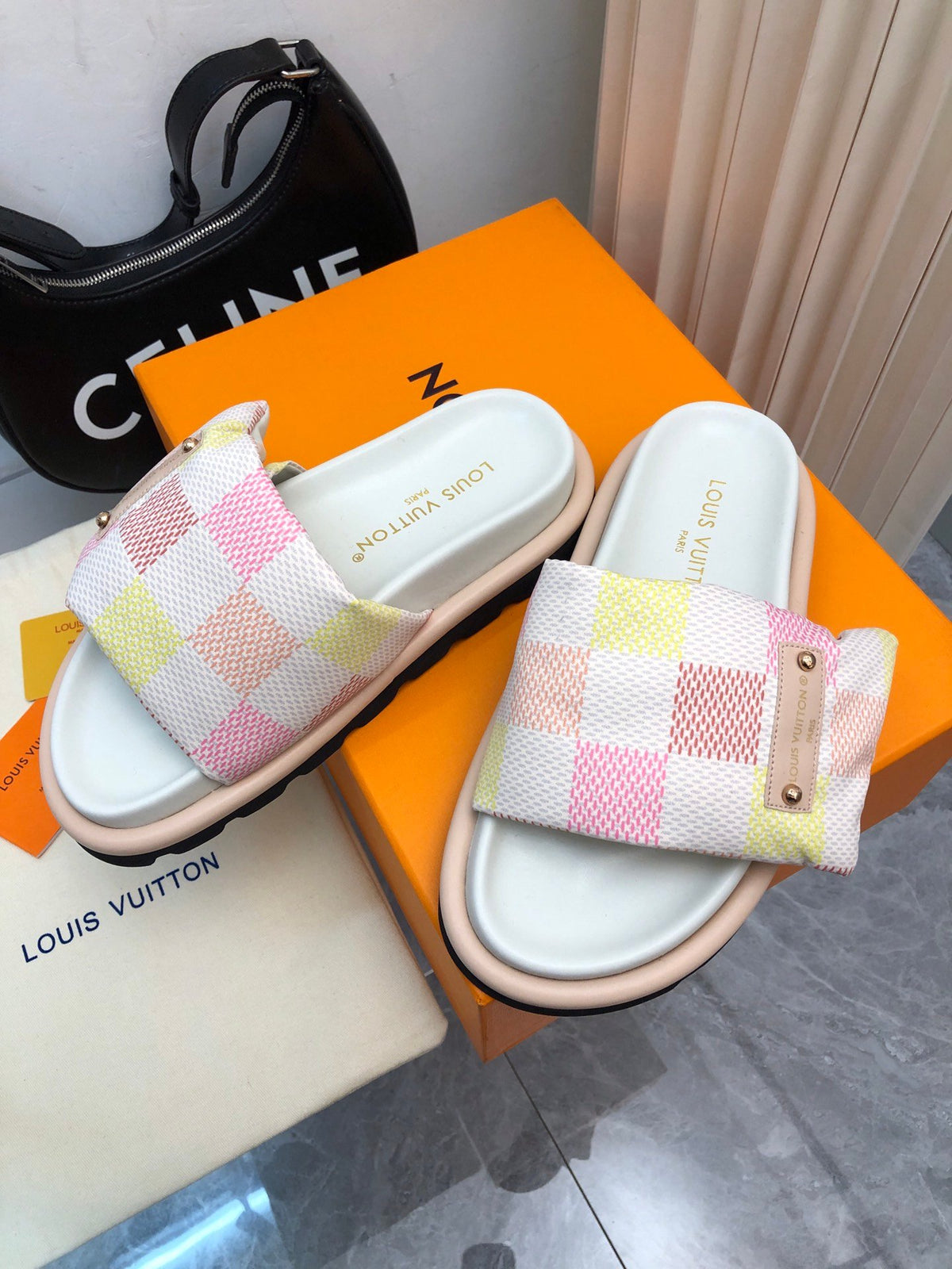 LV Women Pastel Checkered Fabric White Slide Sandals