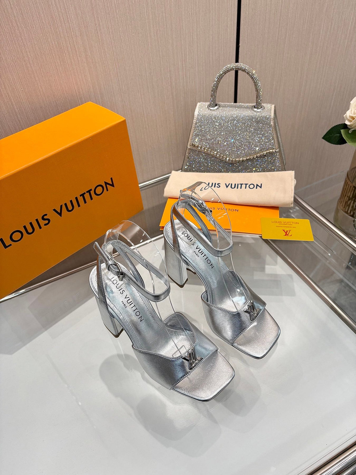 LV Women Silver Leather Heels