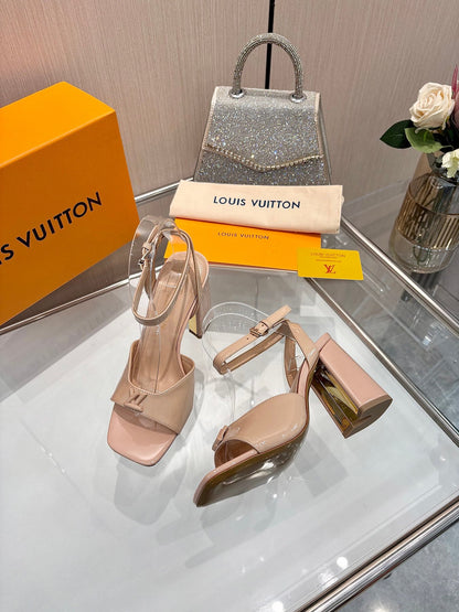 LV Women Nude Patent Leather Block Heels