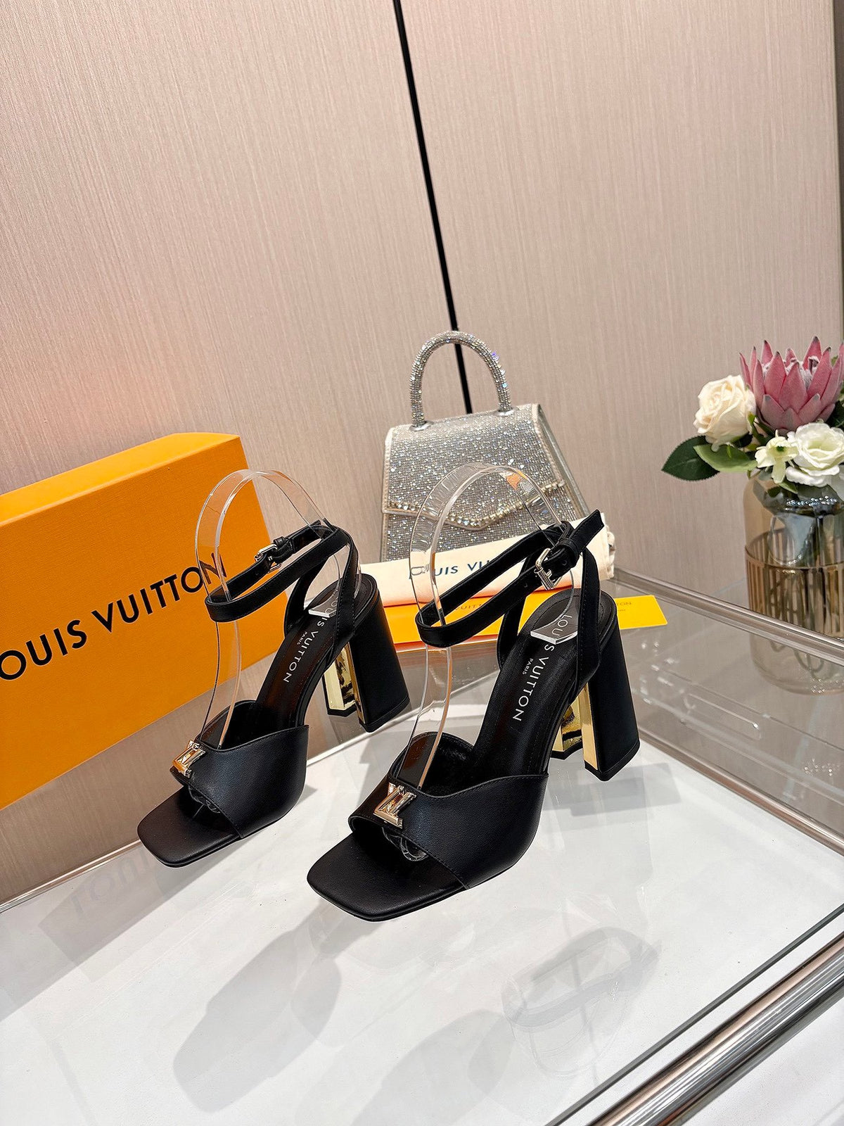 LV Women Black Leather Heels