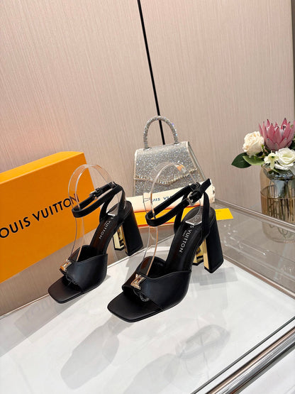 LV Women Black Leather Heels