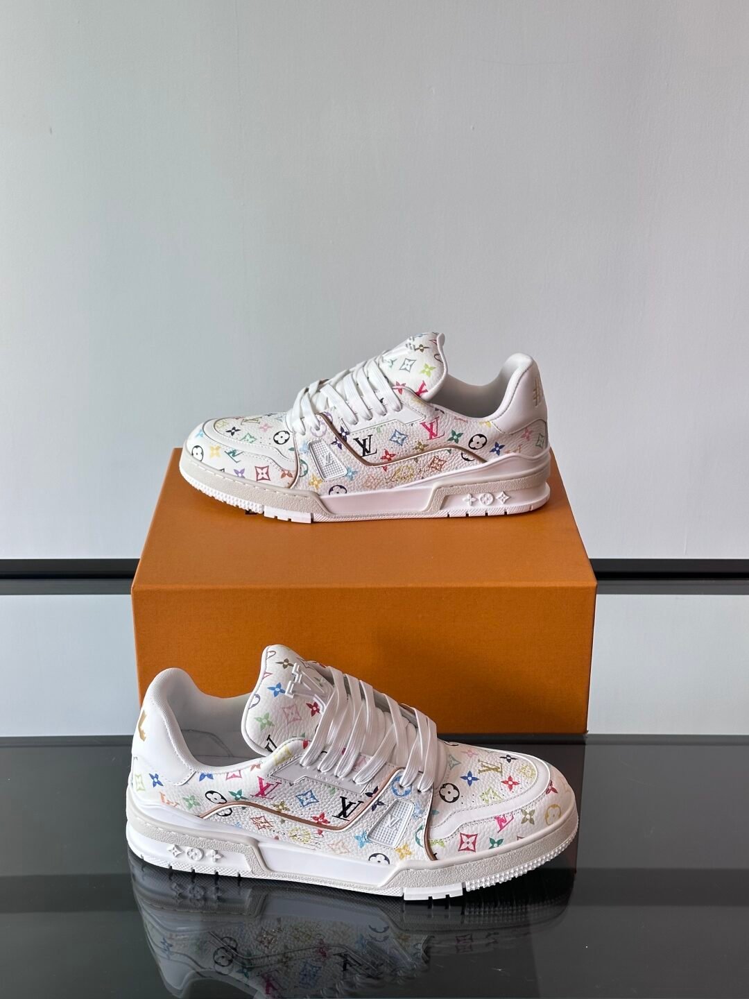 LV Men White Leather Multicolor Monogram Sneakers
