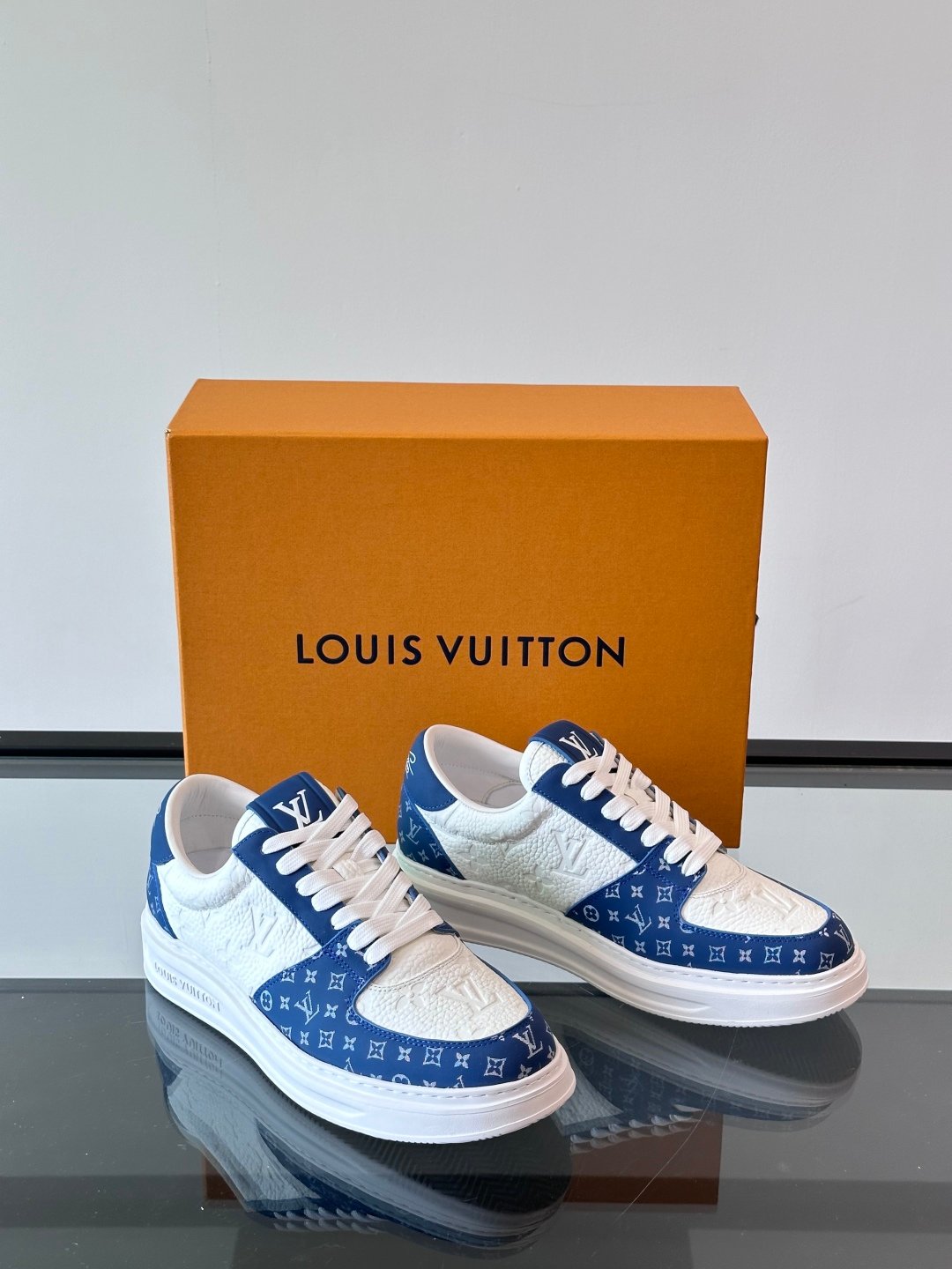LV Men White And Blue Leather Sneakers
