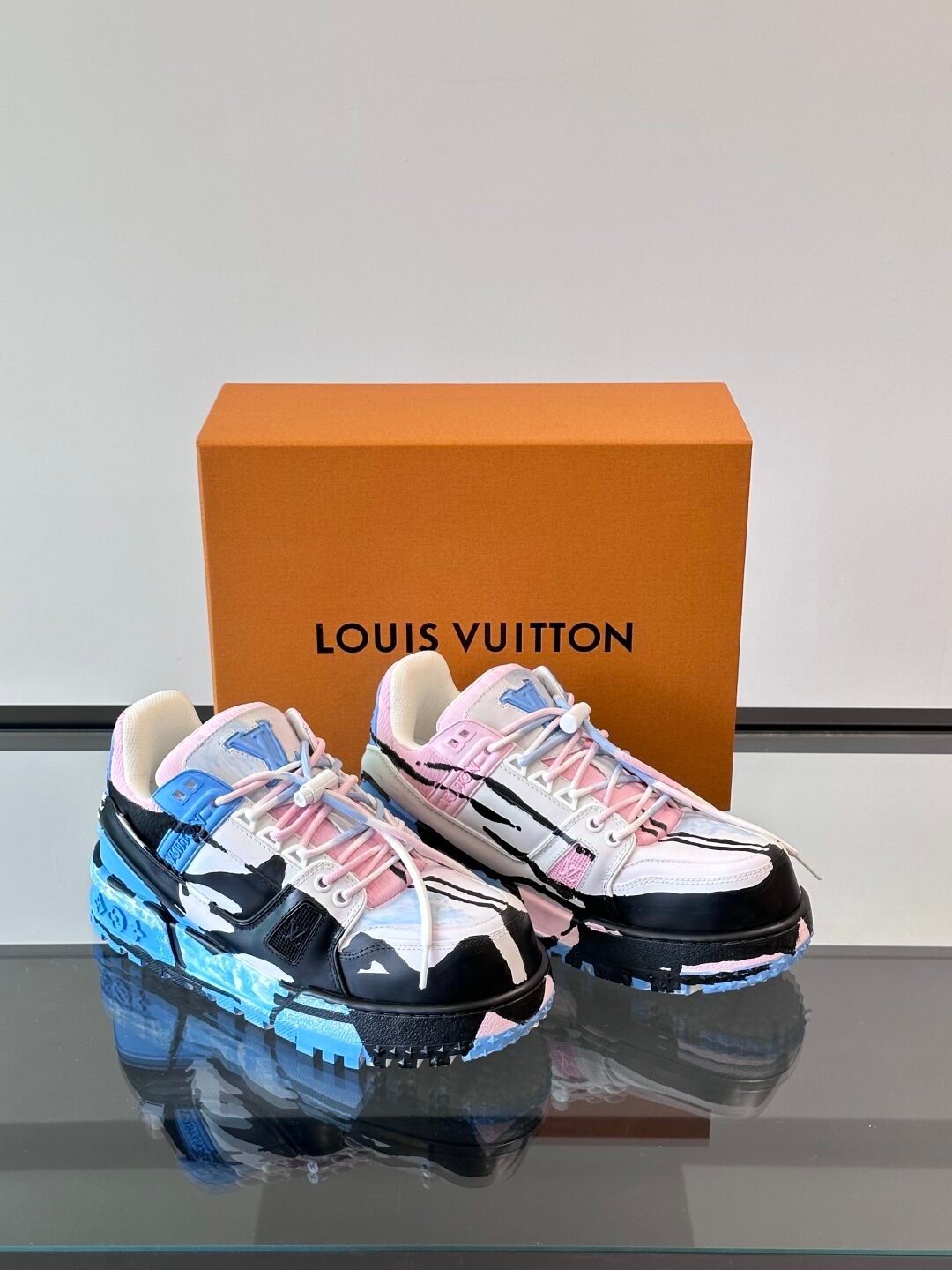 LV Men Blue Pink Black Leather Sneakers