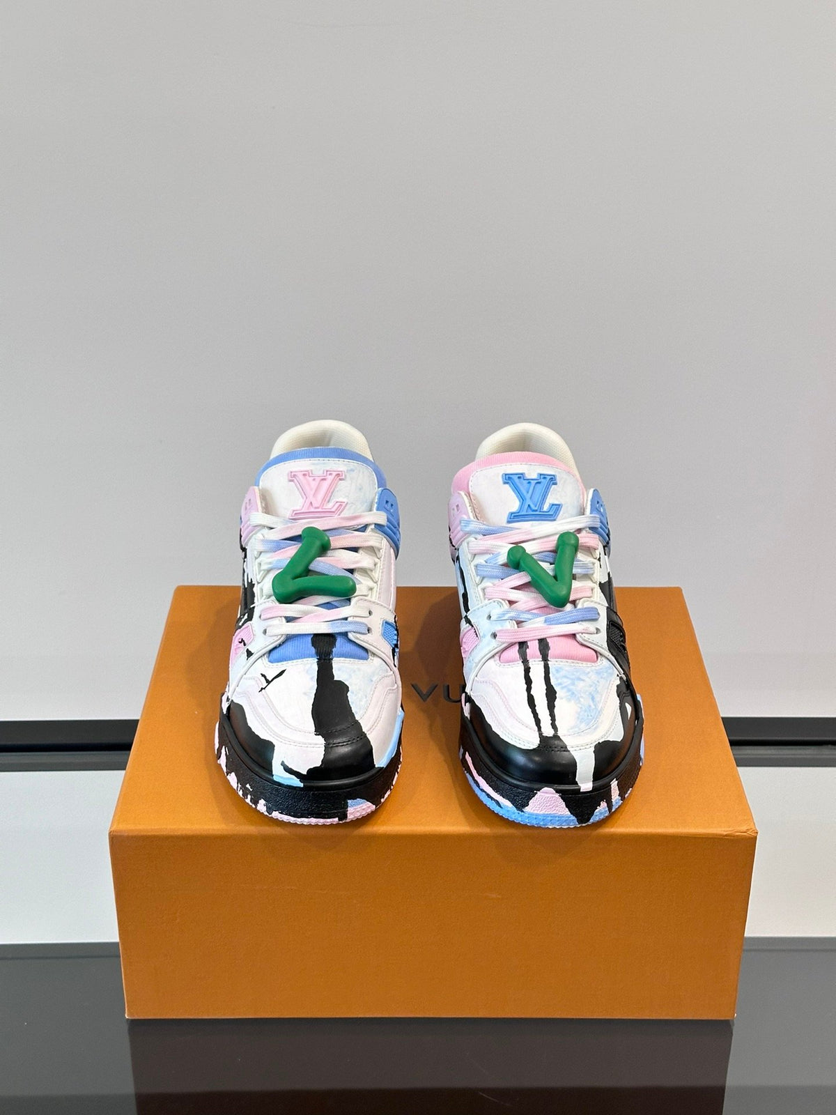 LV Men White Pink Blue Leather Sneakers