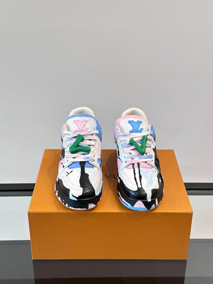 LV Men White Pink Blue Leather Sneakers