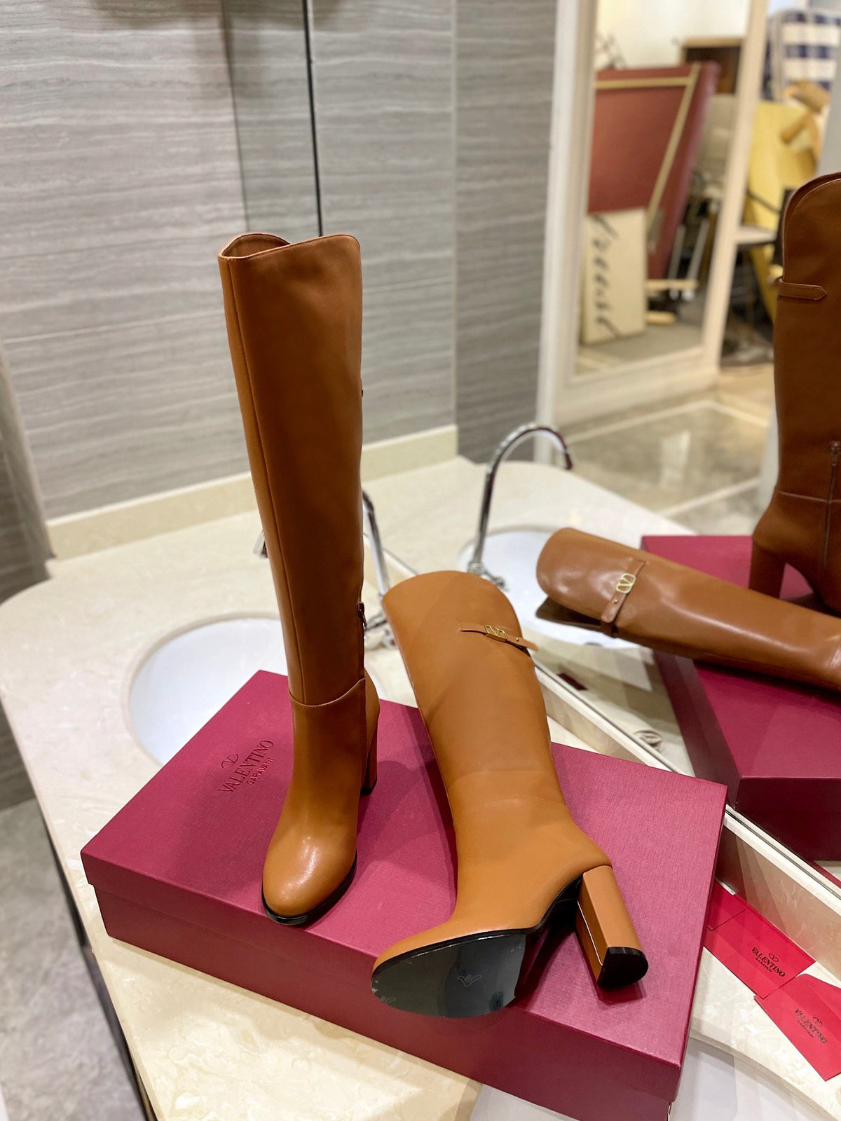 Valentino Women Brown Leather Knee High Boots