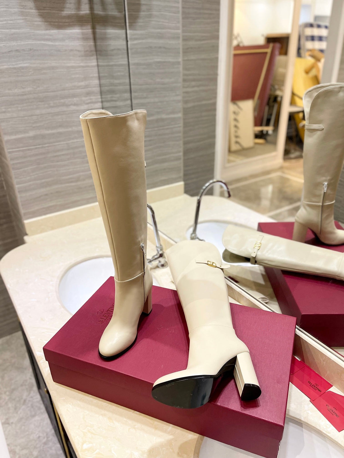 Valentino Women Beige Leather Knee High Boots