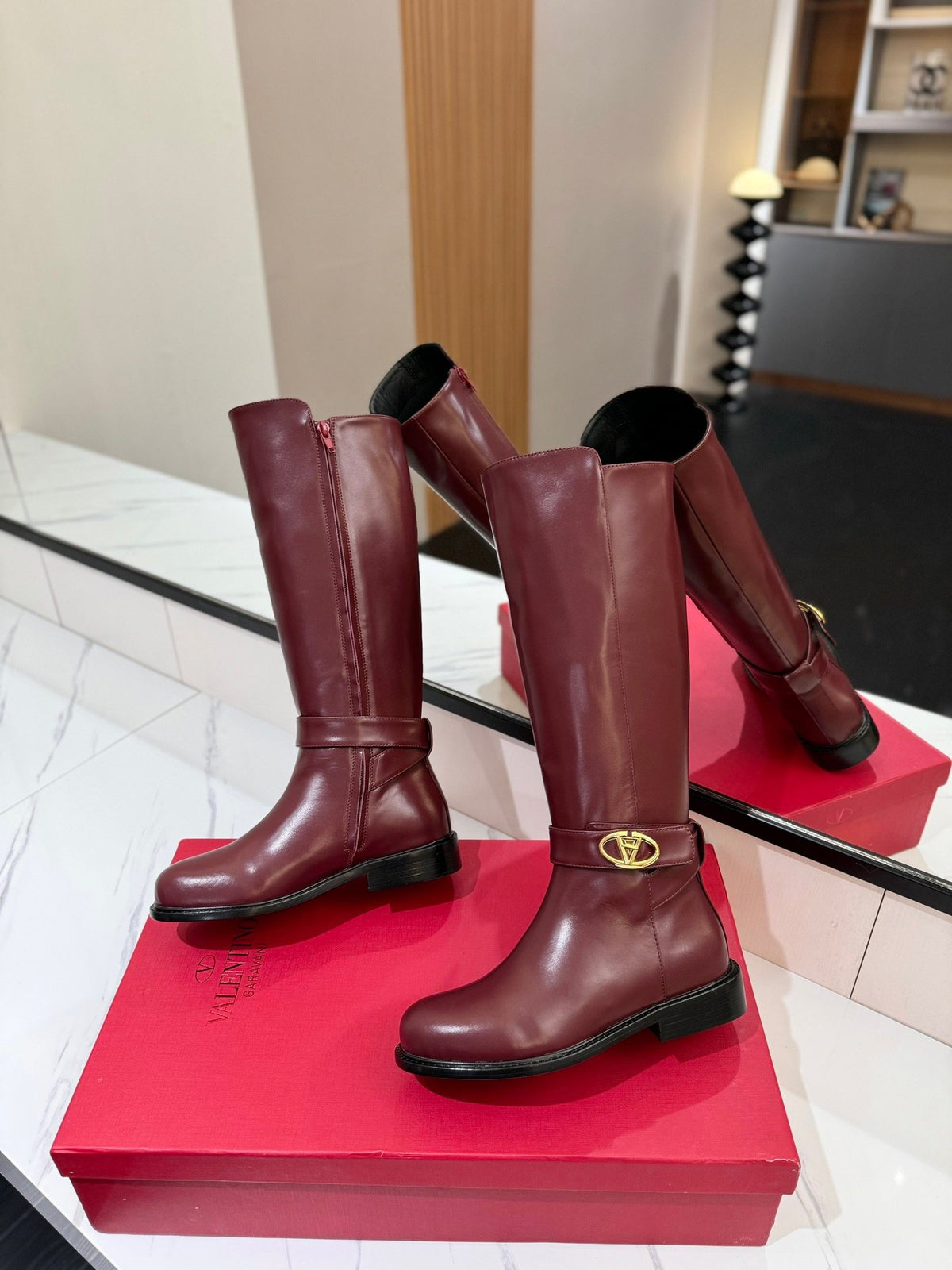 Valentino Women Burgundy Leather Knee High Boots