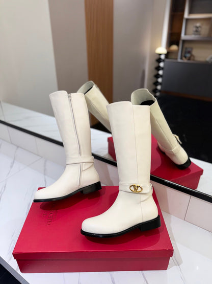 Valentino Women White Leather Knee High Boots