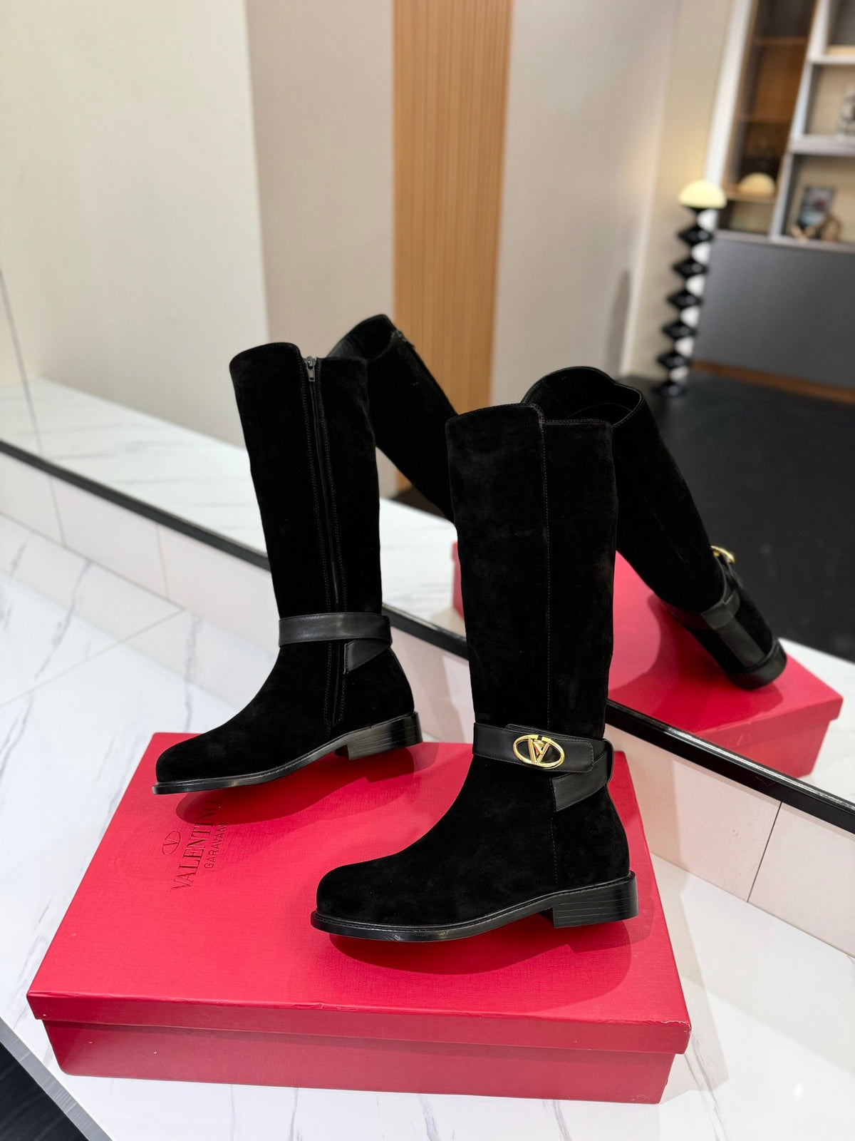 Valentino Women Black Suede Leather Strap Boots