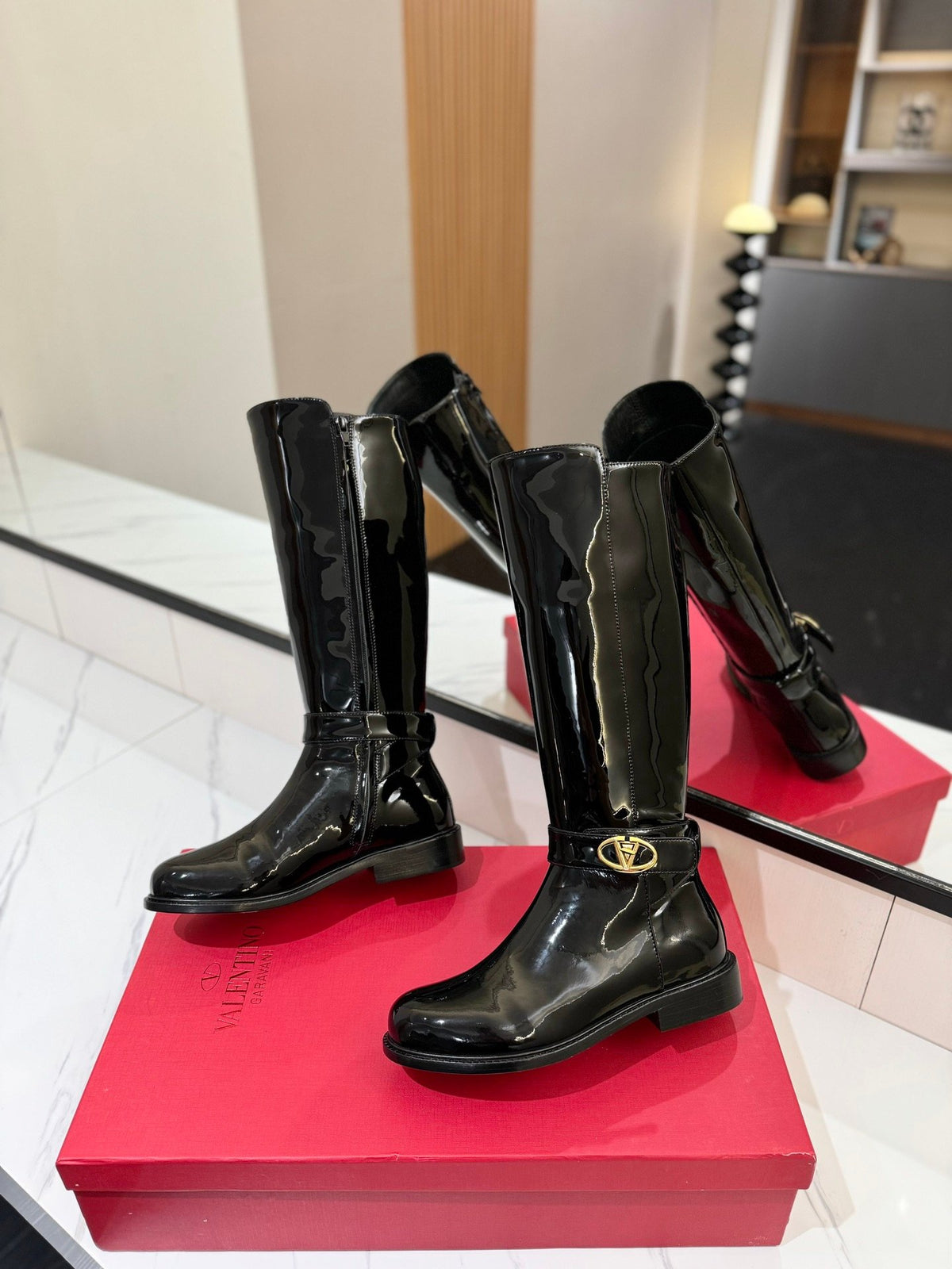 Valentino Women Black Patent Leather Tall Boots