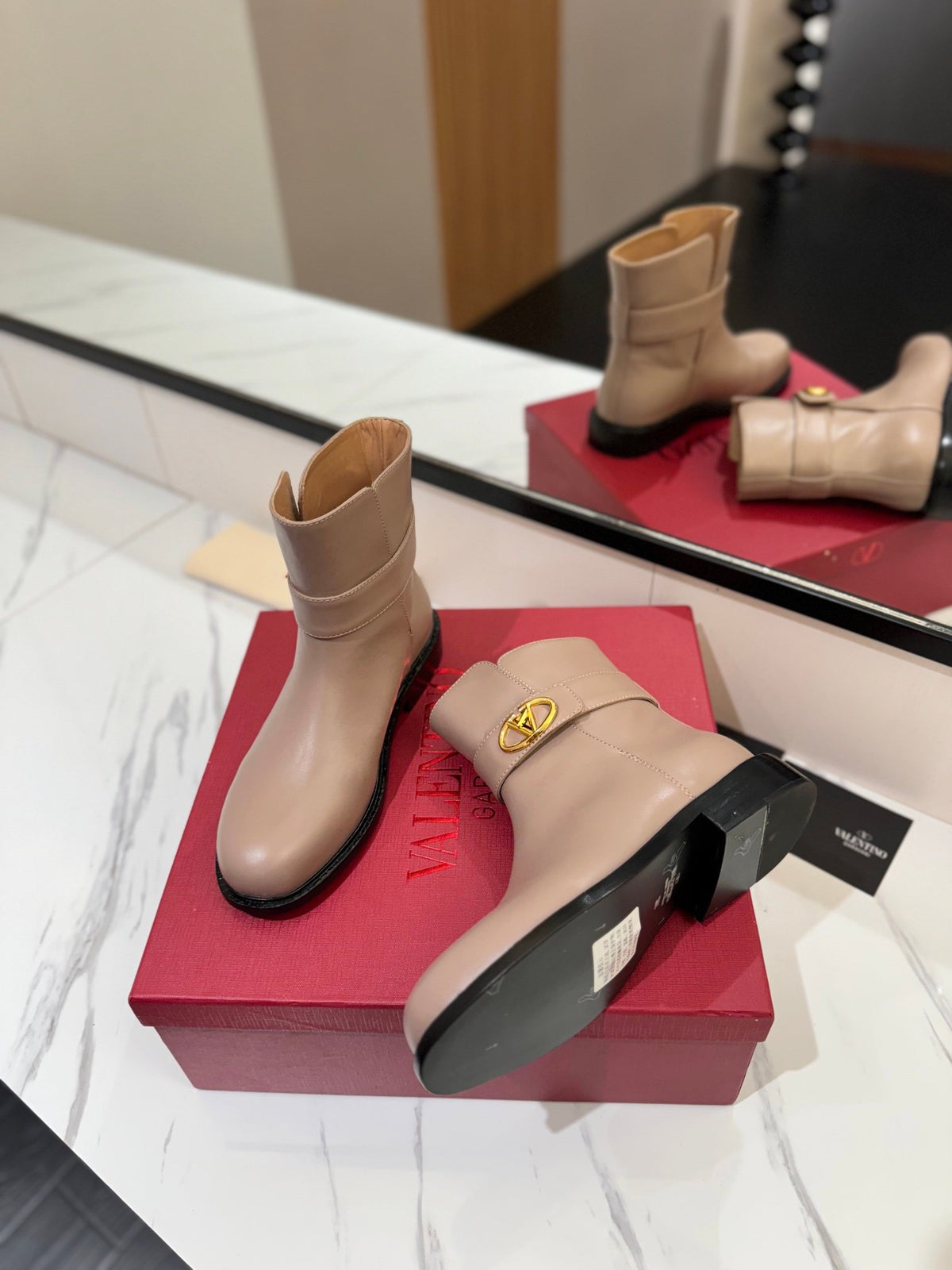 Valentino Women Beige Leather Ankle Boots