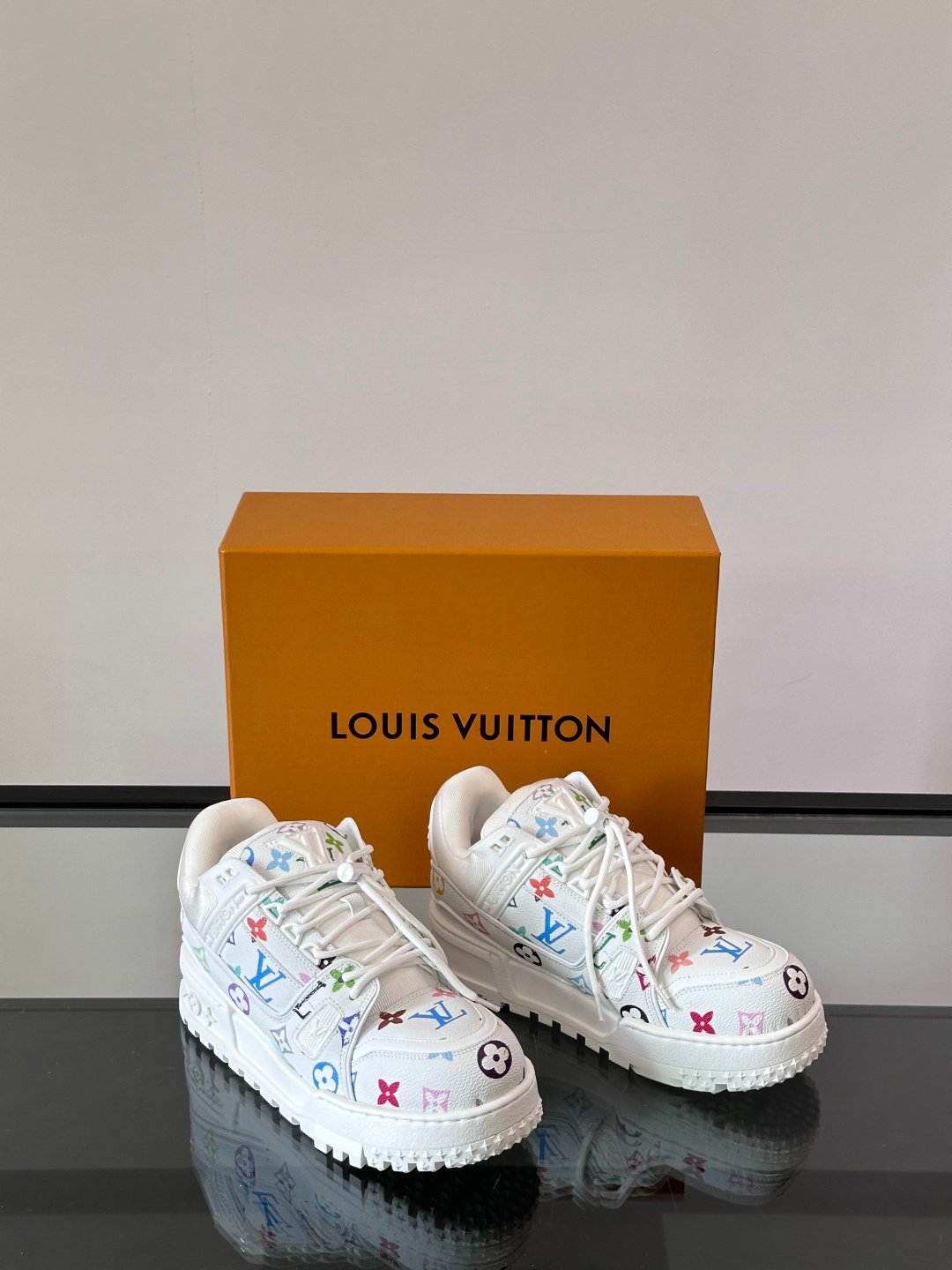 LV Men White Leather Multicolor Pattern Sneakers