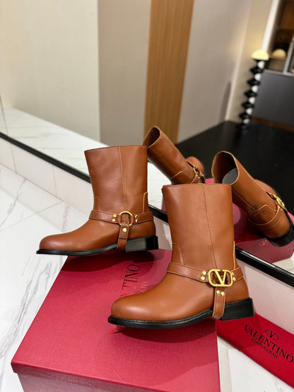 Valentino Women Brown Leather Mid-Calf Boots