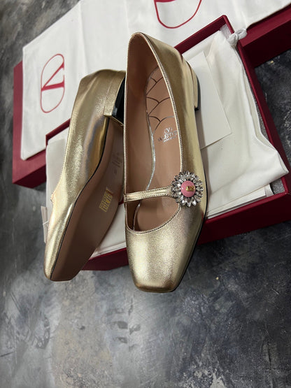 Valentino Women Gold Leather Embellished Flats