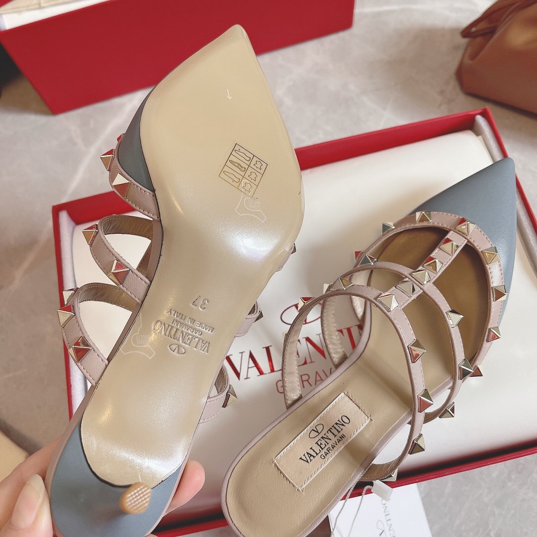 Valentino Women Blue Leather Studded Mules